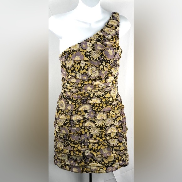 Zara Dresses & Skirts - NWT Zara Mini Gauzy Dress Gold Floral Layered One Shoulder Ruched Boho Hippie​